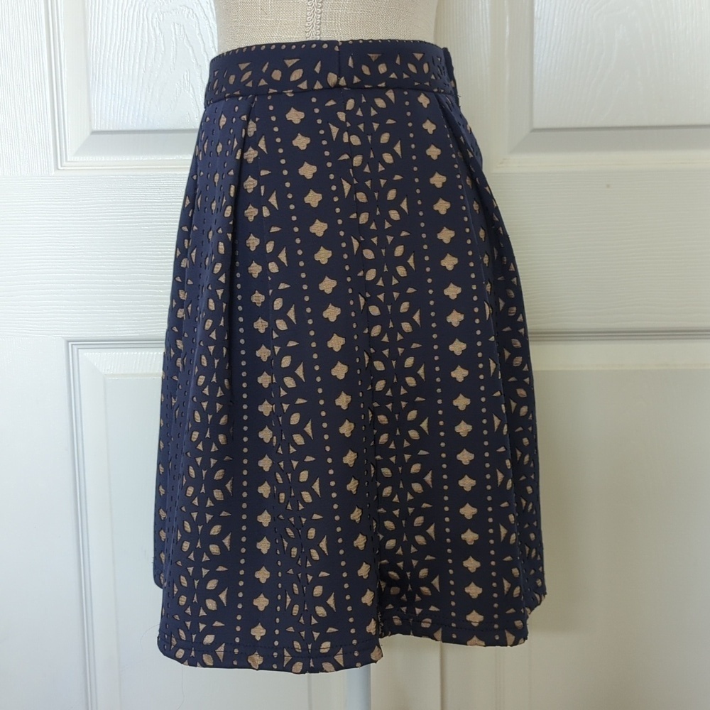 Blue Rain Navy and Tan Geometric Laser Cutout Mini Skirt - Picture 2 of 6